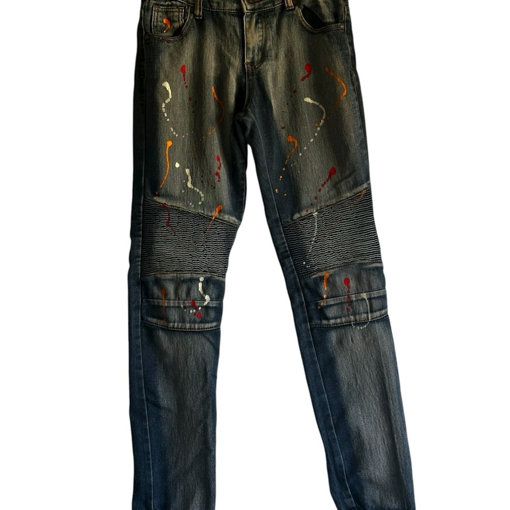 Thrill Blue Denim Skinny Jeans with Artistic Splatter,Streetwear, Biker,Edgy